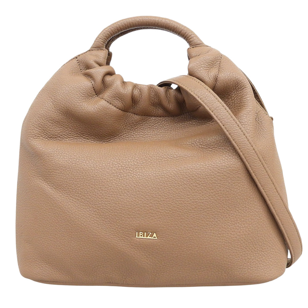 IBIZA イビザ 美品 ブランドゥーラ シュリンクカーフ ギャザーデザイン 2WAY ハンドバッグ レディース ダークオーク×ゴールド ハンドバッグ