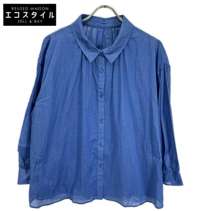 Leilian レリアン 1602088-33 ブルー コットン×リネン レギュラーカラー ギャザースリーブボタンシャツ トップス