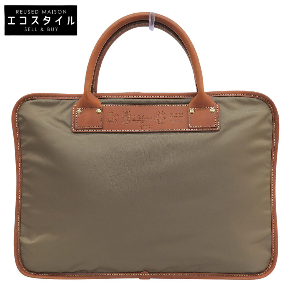 Felisi フェリージ 美品 スリム ブリーフケース ビジネスバッグ メンズ ナイロン×レザー カーキ×ブラウン 1752 ビジネスバッグ ブリーフケース