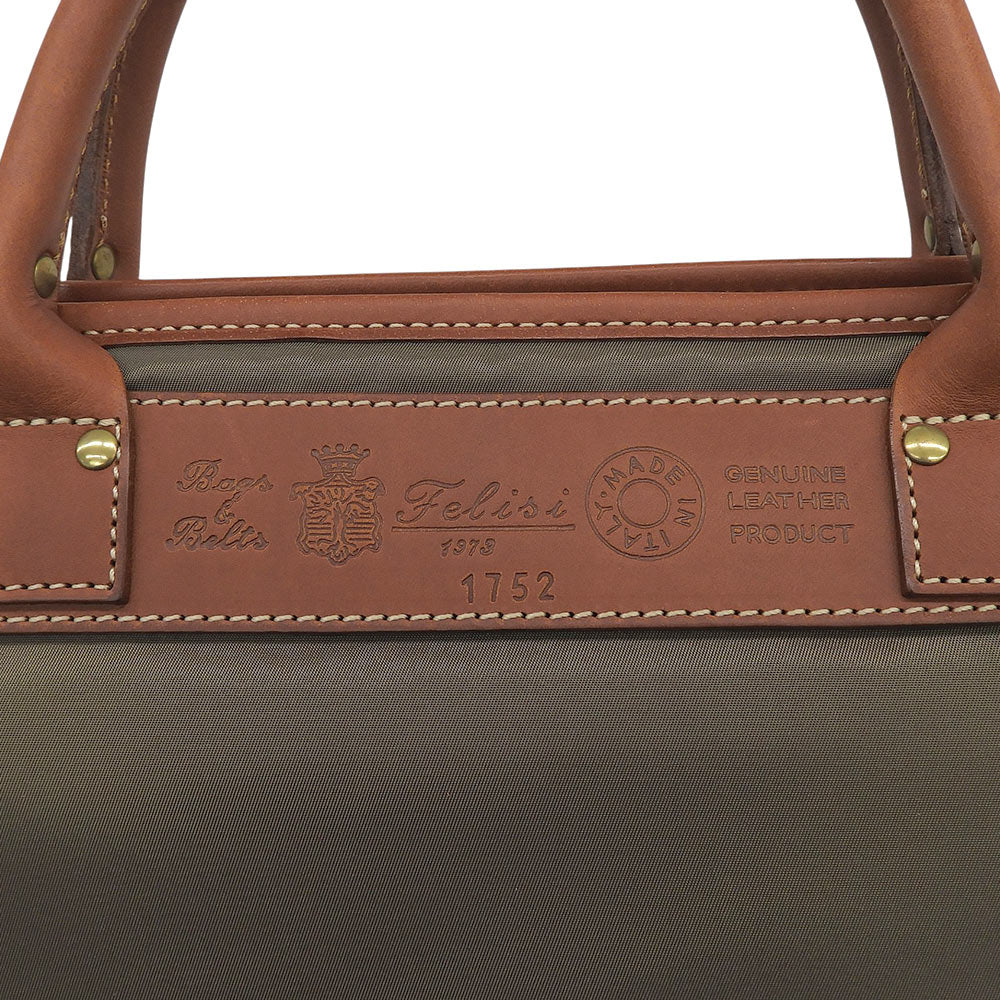 Felisi フェリージ 美品 スリム ブリーフケース ビジネスバッグ メンズ ナイロン×レザー カーキ×ブラウン 1752 ビジネスバッグ ブリーフケース