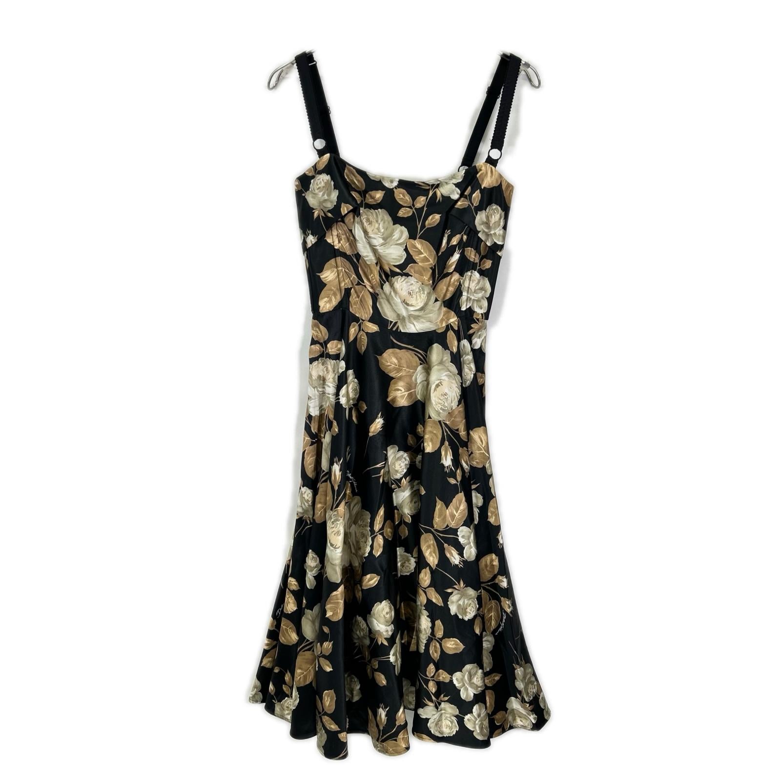 DOLCE&GABBANA ドルチェアンドガッバーナ F6TYFT ブラック サテン ビンテージローズ 花柄キャミワンピースドレス ワンピース