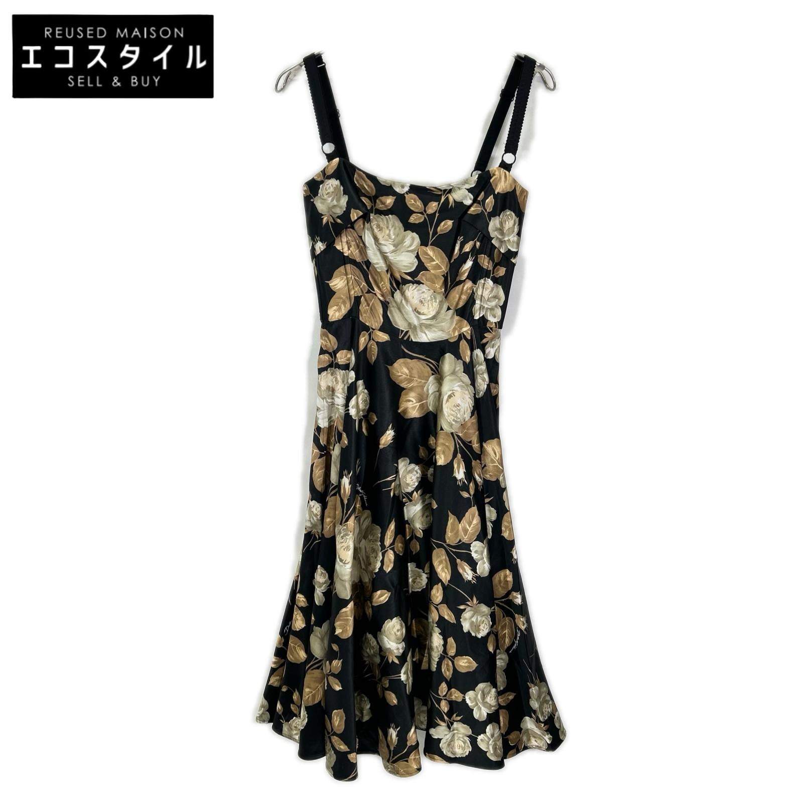 DOLCE&GABBANA ドルチェアンドガッバーナ F6TYFT ブラック サテン ビンテージローズ 花柄キャミワンピースドレス ワンピース