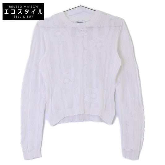 CHANEL シャネル 【美品/国内正規/23SS】P75097K10772 コットン カメリアモチーフ シアー ニットセーター トップス