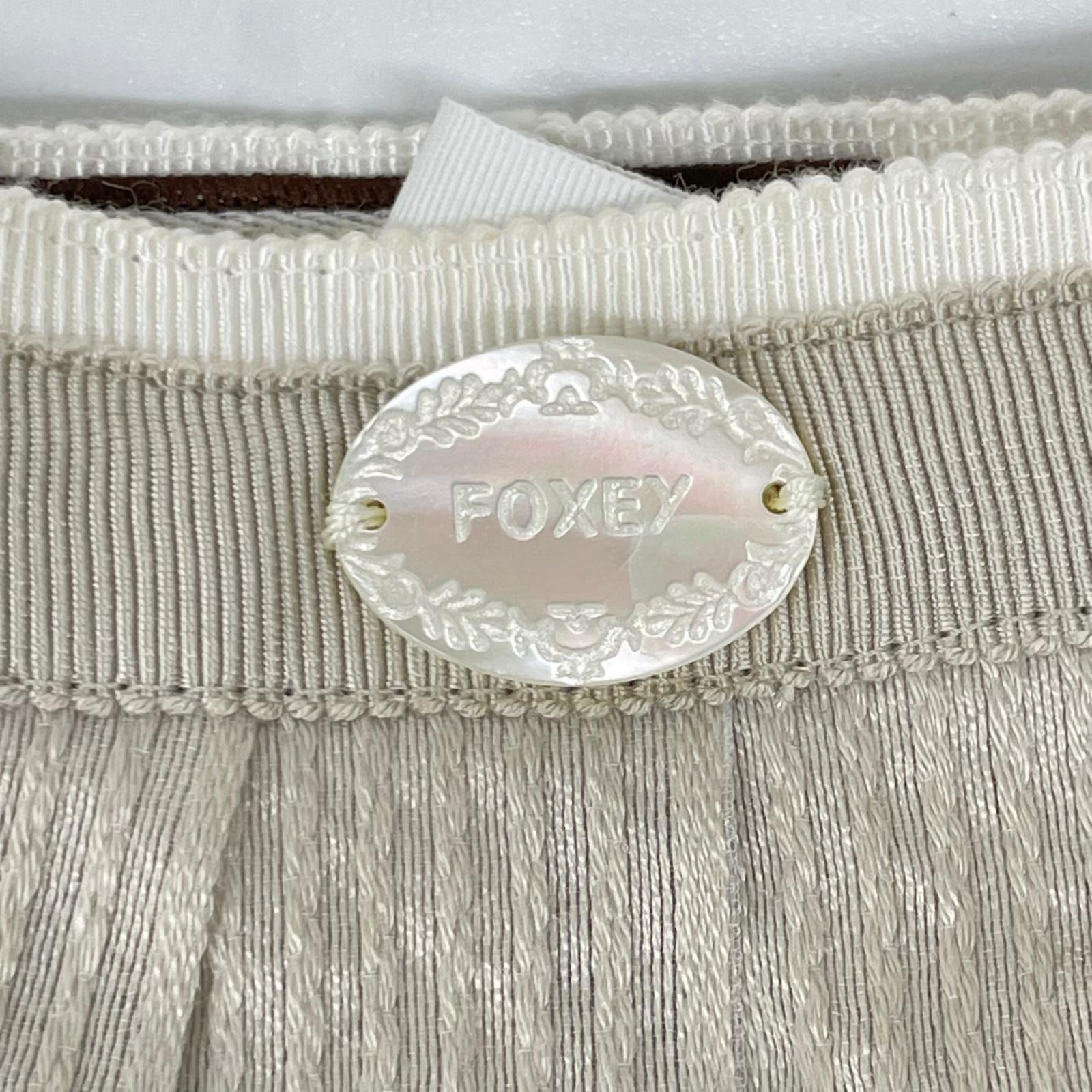 FOXEY フォクシー 35398 ベージュ コットンリネン混 ボーダーストライプ ミディアムプリーツスカート スカート