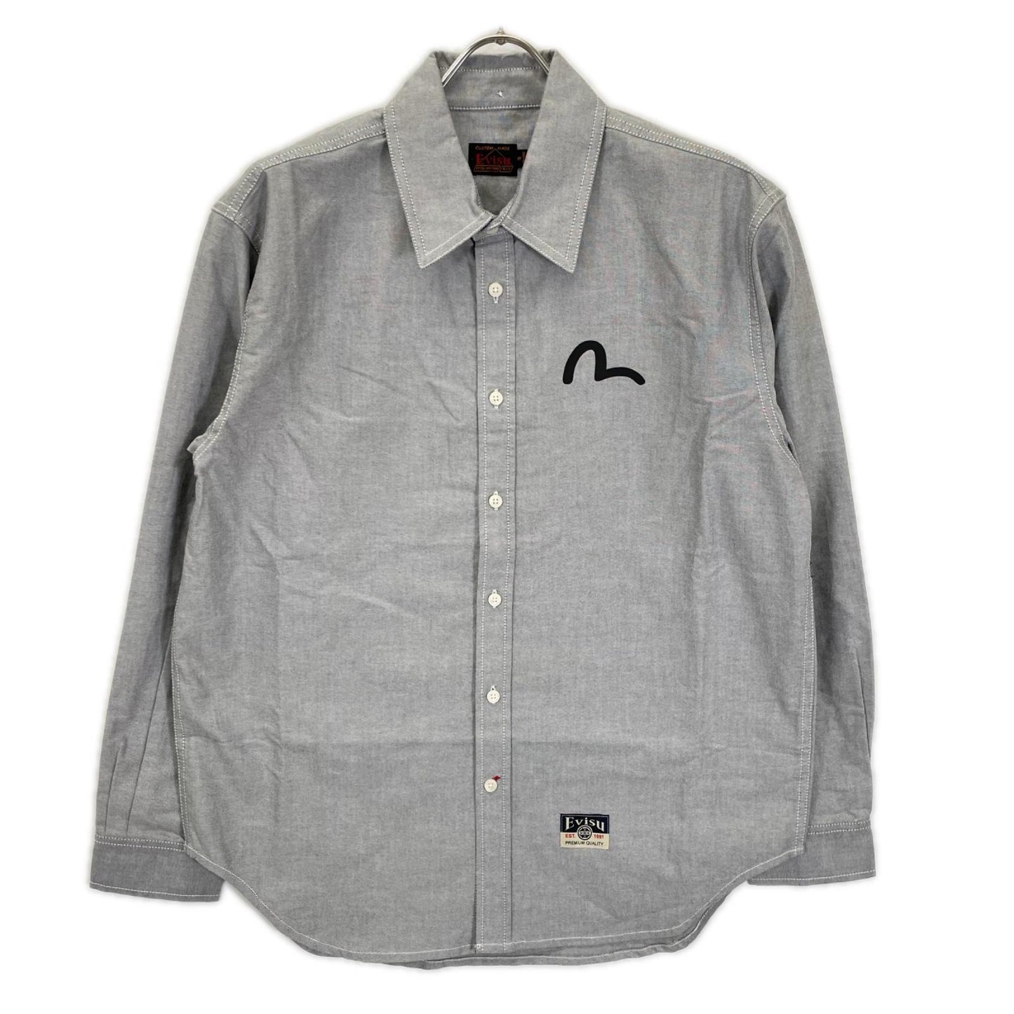 EVISU エヴィス グレー カモメプリント リラックスフィット ロングスリーブ オックスフォードシャツ トップス