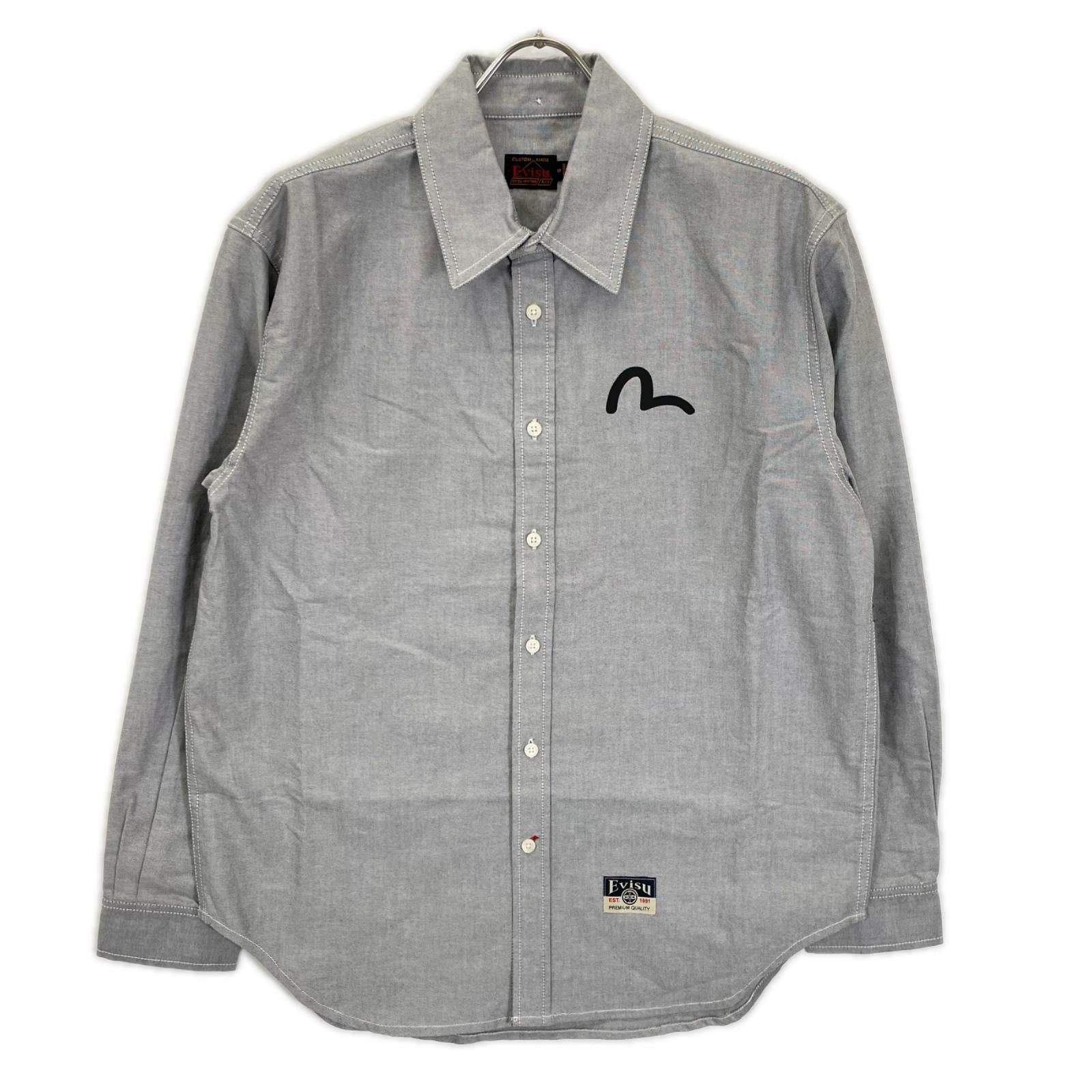 EVISU エヴィス グレー カモメプリント リラックスフィット ロングスリーブ オックスフォードシャツ トップス