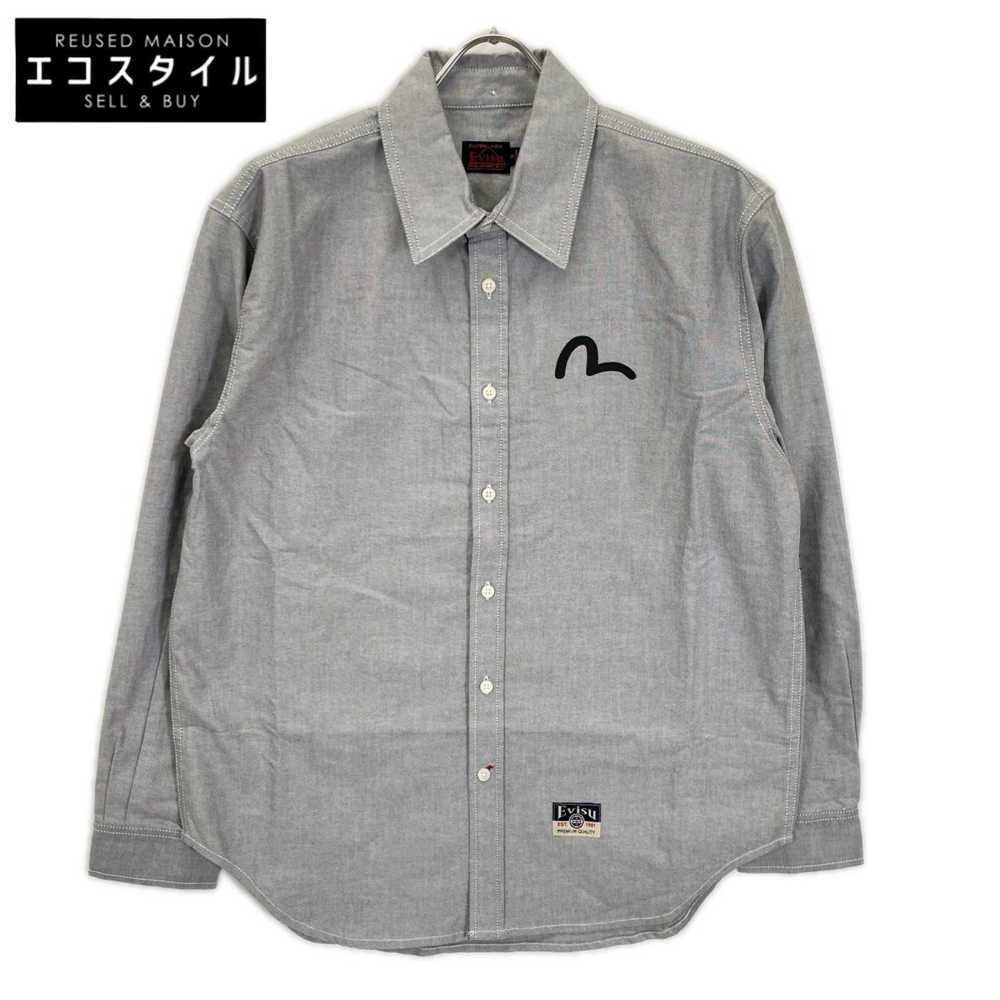 EVISU エヴィス グレー カモメプリント リラックスフィット ロングスリーブ オックスフォードシャツ トップス