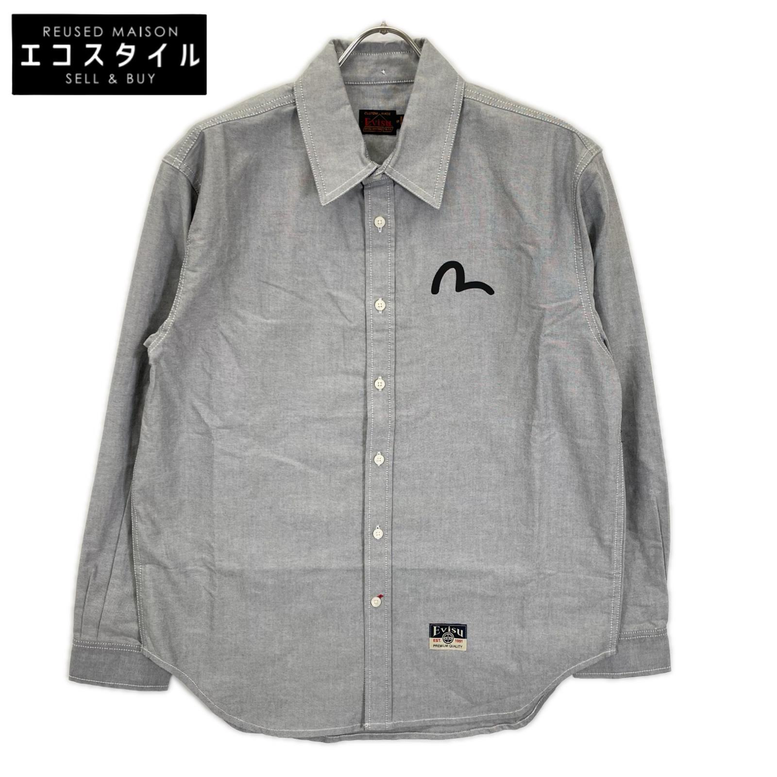 EVISU エヴィス グレー カモメプリント リラックスフィット ロングスリーブ オックスフォードシャツ トップス