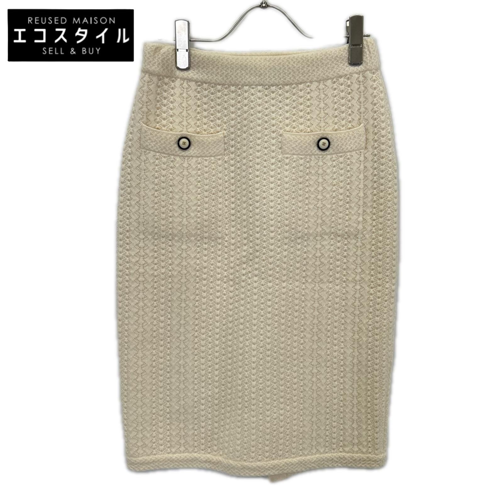 CHANEL シャネル P57346K07533 アイボリー カシミヤ100 ココマークボタン フロントポケット タイトニットスカート スカート