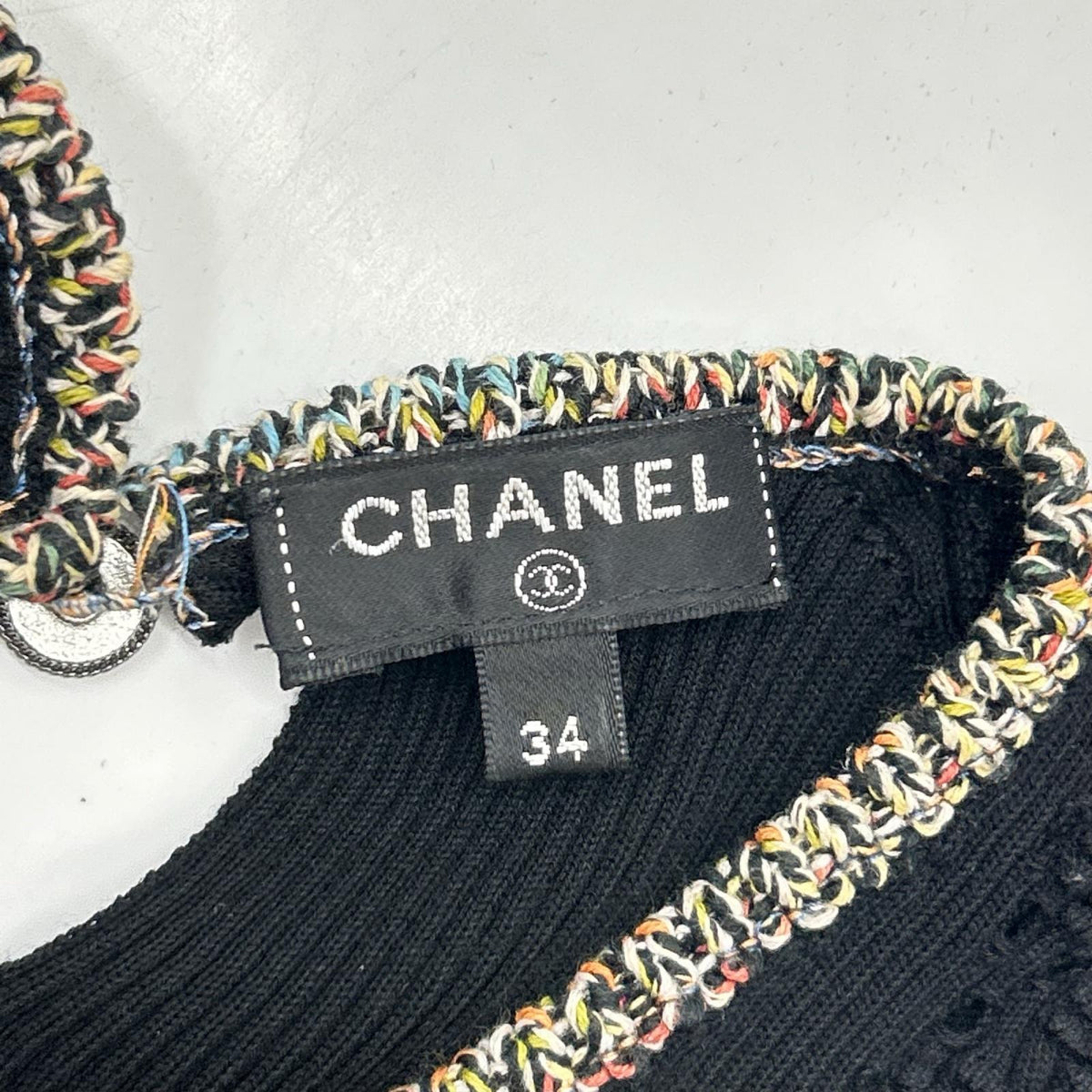 CHANEL シャネル P55726K07318 ブラック×マルチカラー コットン ショートスリーブリブニットトップス トップス