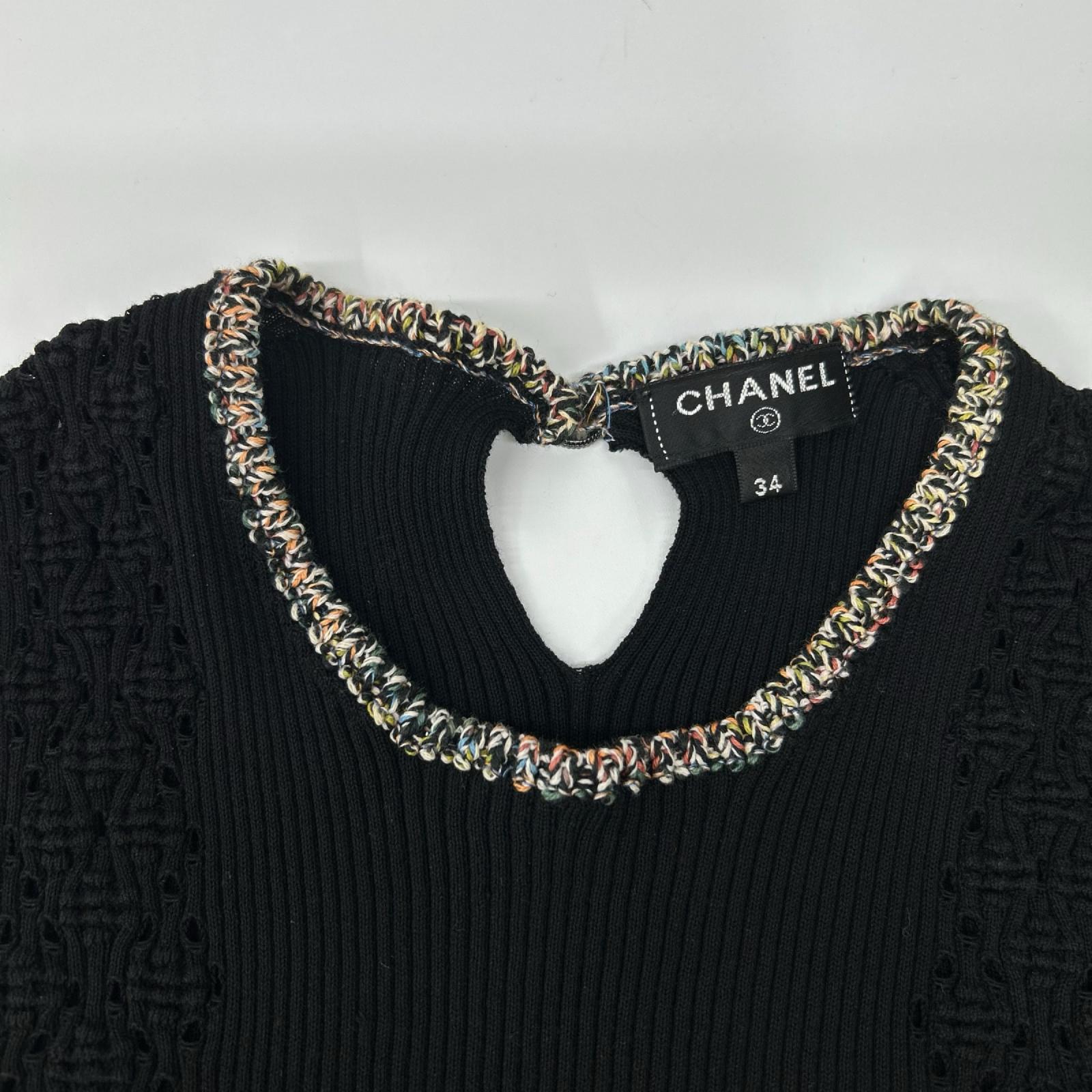 CHANEL シャネル P55726K07318 ブラック×マルチカラー コットン ショートスリーブリブニットトップス トップス