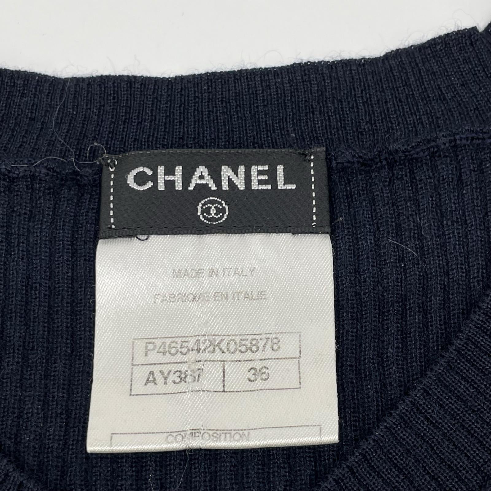 CHANEL シャネル P46542K05878 ネイビー カシミヤ×シルク ココマークパッチ Vネックニットソー トップス