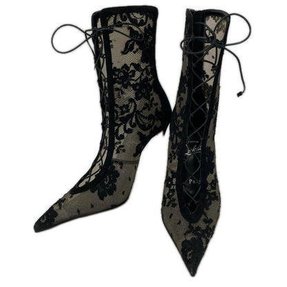 CHRISTIAN LOUBOUTIN クリスチャンルブタン 【新品同様】3250821 KM Lace Booty 100mm フラワーレース レースアップ ヒールブーツ シューズ