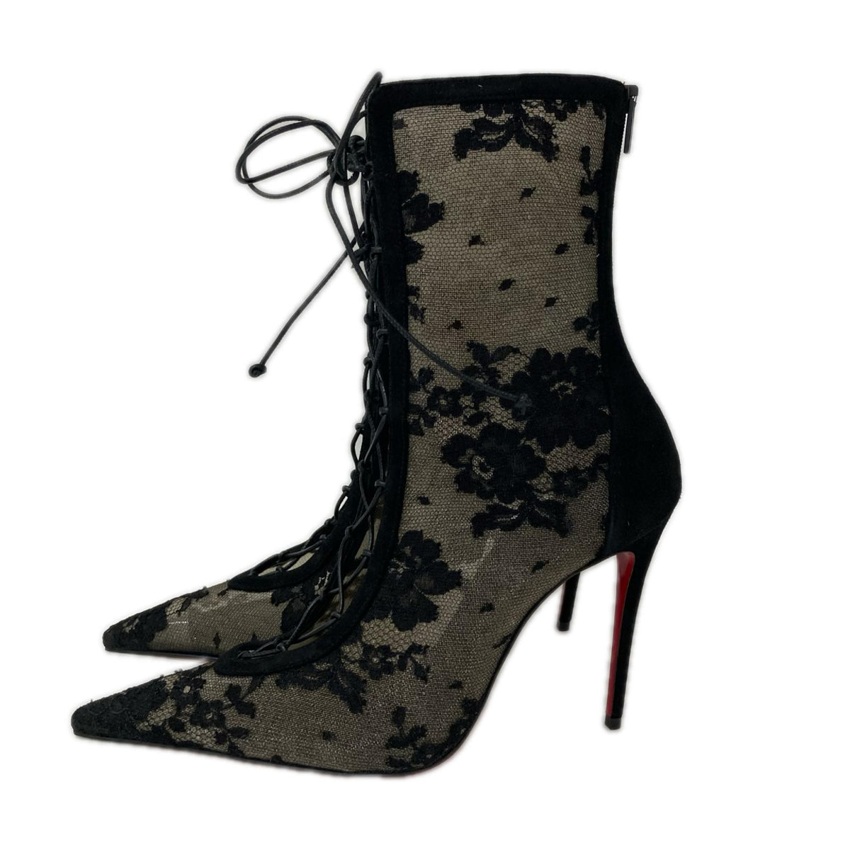 CHRISTIAN LOUBOUTIN クリスチャンルブタン 【新品同様】3250821 KM Lace Booty 100mm フラワーレース レースアップ ヒールブーツ シューズ