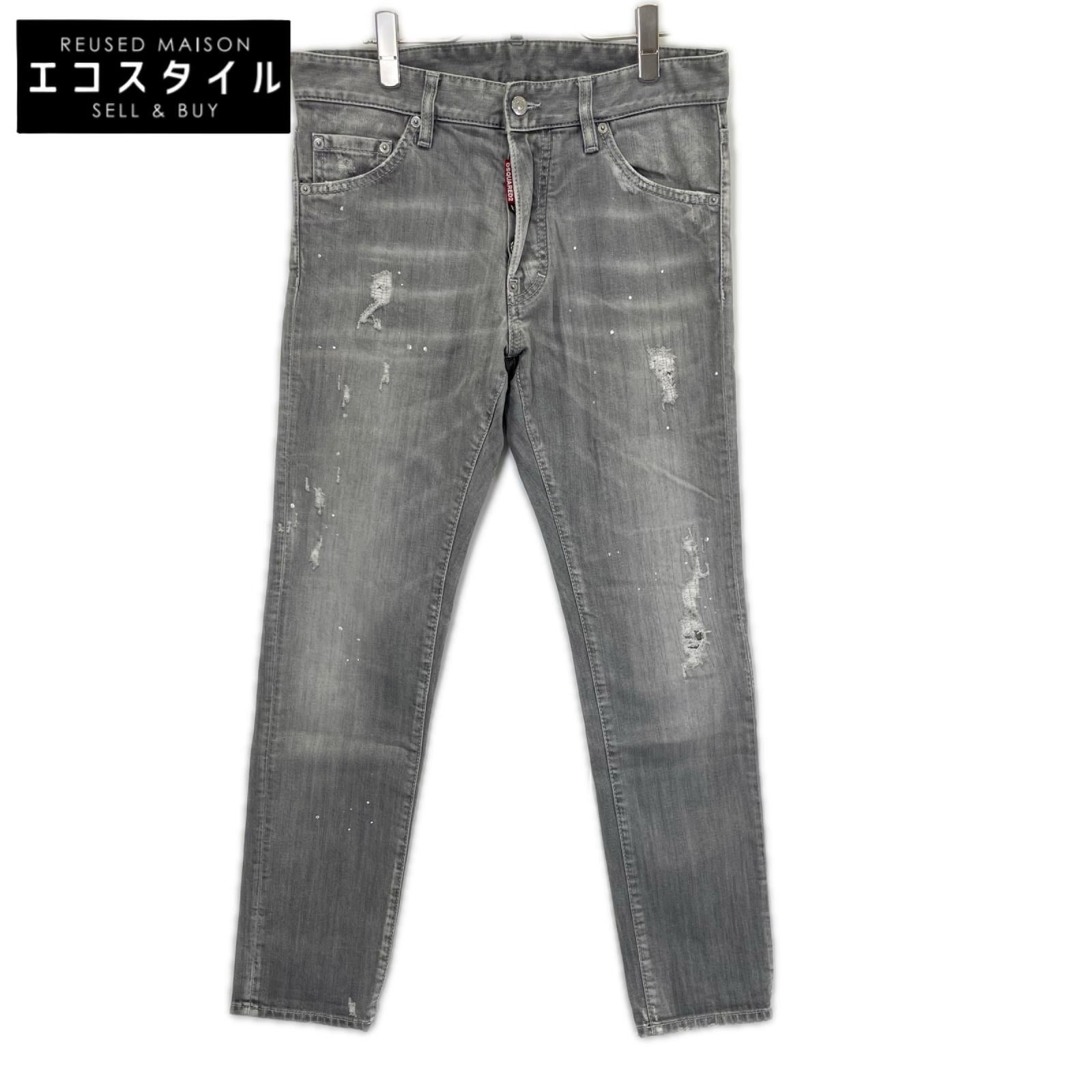 DSQUARED2 ディースクエアード グレー ボタンフライ ダメージ加工 バックプリント デニムパンツ ボトムス