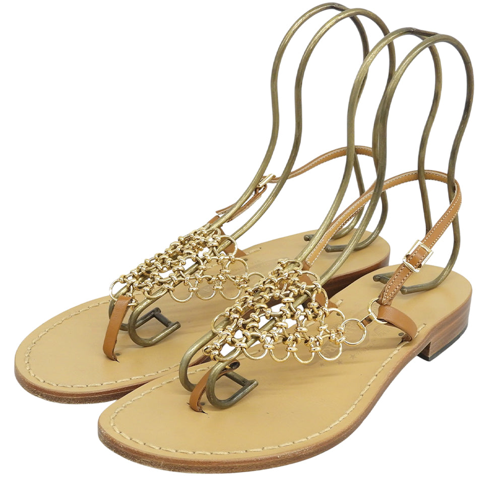 Amedeo Canfora Capri アメディオカンフォラカプリ GOLD-TAN 三角形メタルリング トングサンダル レザー ブラウン 37 US 7 シューズ