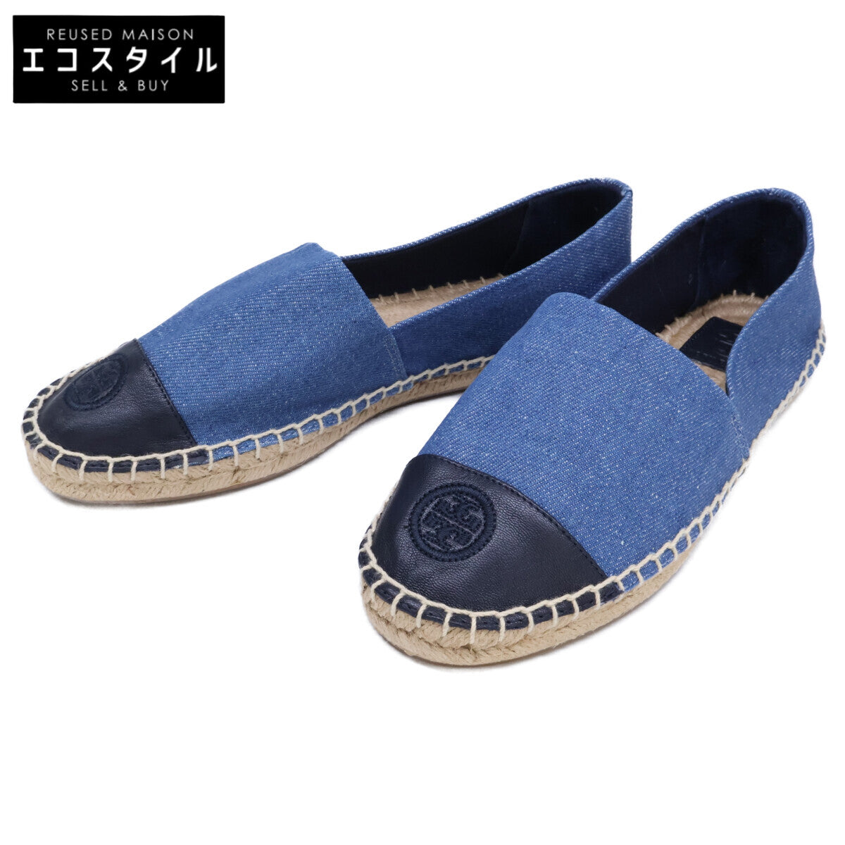 Tory Burch トリーバーチ 【新品同様】刺繍ロゴ デニムｘレザー エスパドリーユ シューズ シューズ