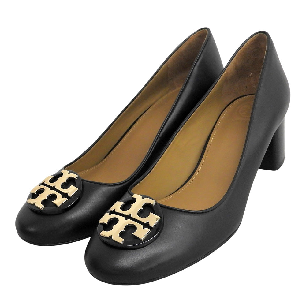 Tory Burch トリーバーチ 新品同様 ラウンドトゥ チャンキーヒール パンプス シューズ レディース ブラック ゴールドロゴ金具 7 シューズ