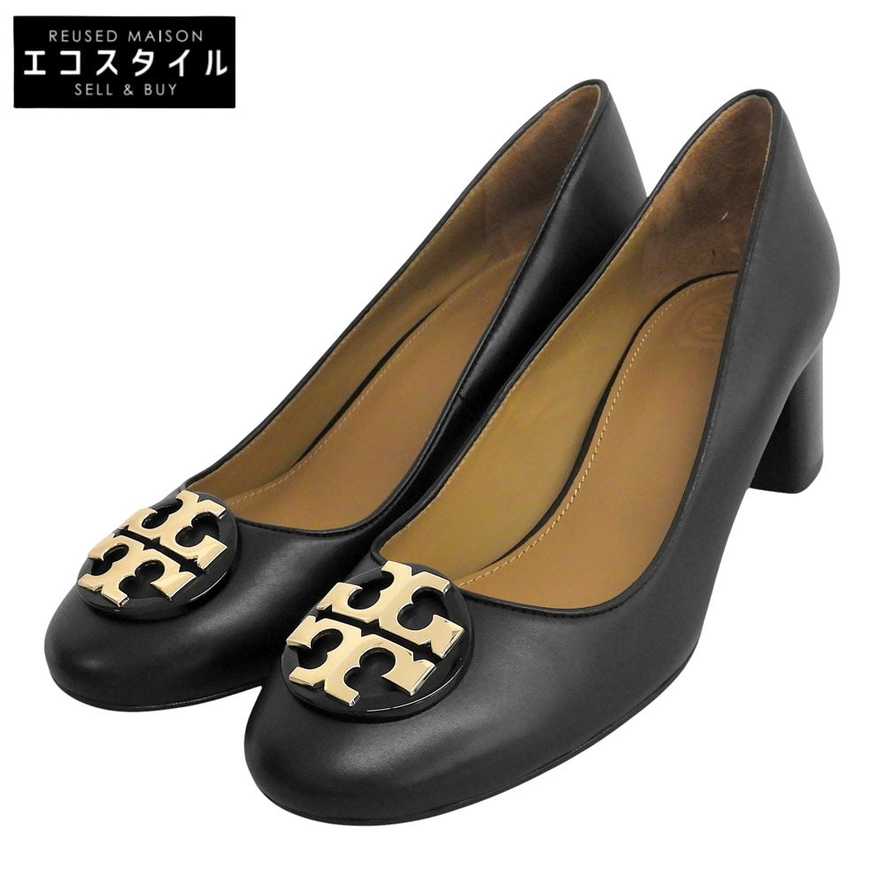 Tory Burch トリーバーチ 新品同様 ラウンドトゥ チャンキーヒール パンプス シューズ レディース ブラック ゴールドロゴ金具 7 シューズ