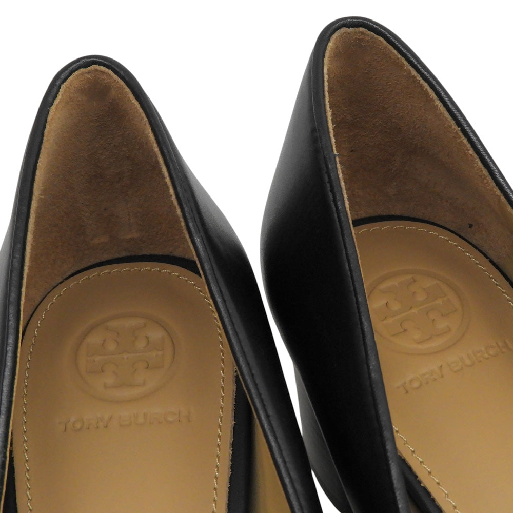Tory Burch トリーバーチ 新品同様 ラウンドトゥ チャンキーヒール パンプス シューズ レディース ブラック ゴールドロゴ金具 7 シューズ