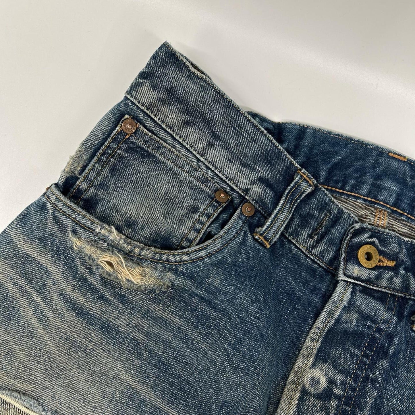 GLADHAND グラッドハンド インディゴ GLADDEN DENIM TYPE-1 ダメージ/リペア USED加工 セルヴィッチストレートデニム ボトムス