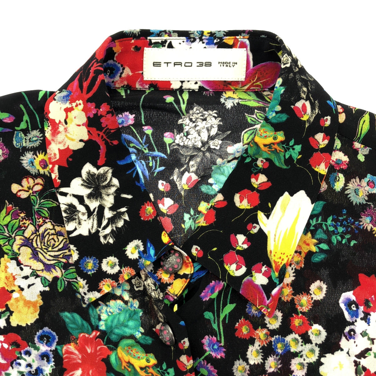 ETRO エトロ ブラック シルク フラワーボタン ボタニカル 長袖シャツ トップス