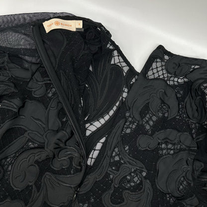 Tory Burch トリーバーチ ブラック ボタニカル柄 シアードレス ワンピース
