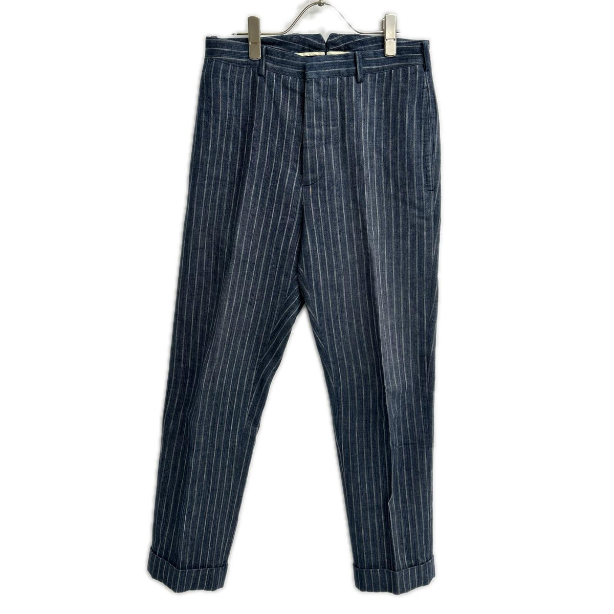 RRL ダブルアールエル 782959827001 イタリア製 インディゴ コットン×リネン シンチバック センタープレス ストライプ テーパードスラックス ボトムス