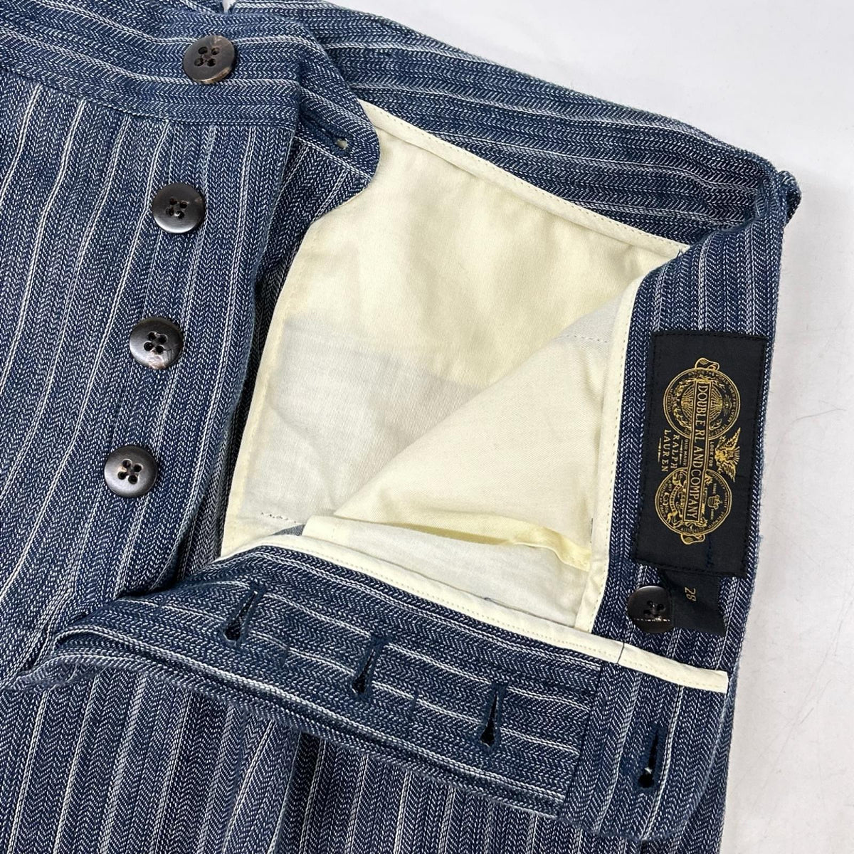 RRL ダブルアールエル 782959827001 イタリア製 インディゴ コットン×リネン シンチバック センタープレス ストライプ テーパードスラックス ボトムス