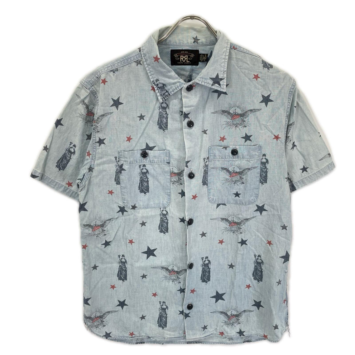 RRL ダブルアールエル 782830429001 ライトブルー コットン ユーズド加工 スター&イーグル ショートスリーブシャンブレーシャツ トップス