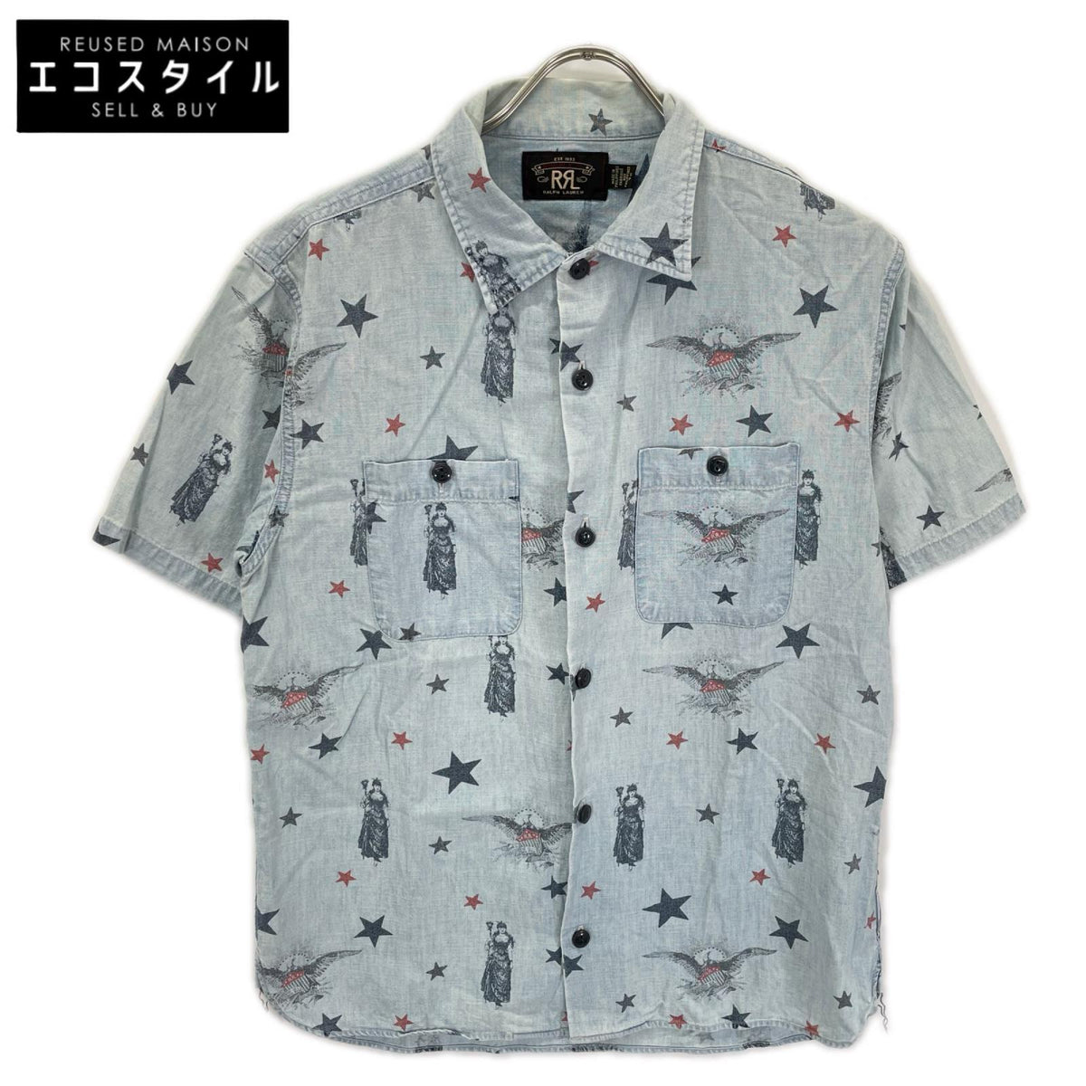 RRL ダブルアールエル 782830429001 ライトブルー コットン ユーズド加工 スター&イーグル ショートスリーブシャンブレーシャツ トップス