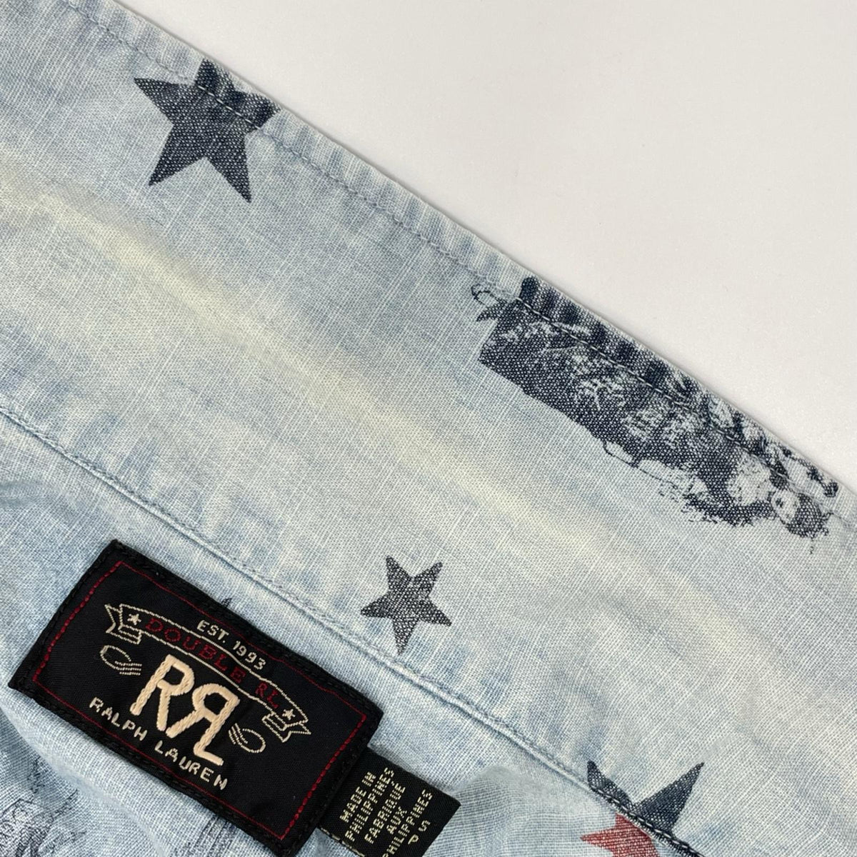 RRL ダブルアールエル 782830429001 ライトブルー コットン ユーズド加工 スター&イーグル ショートスリーブシャンブレーシャツ トップス