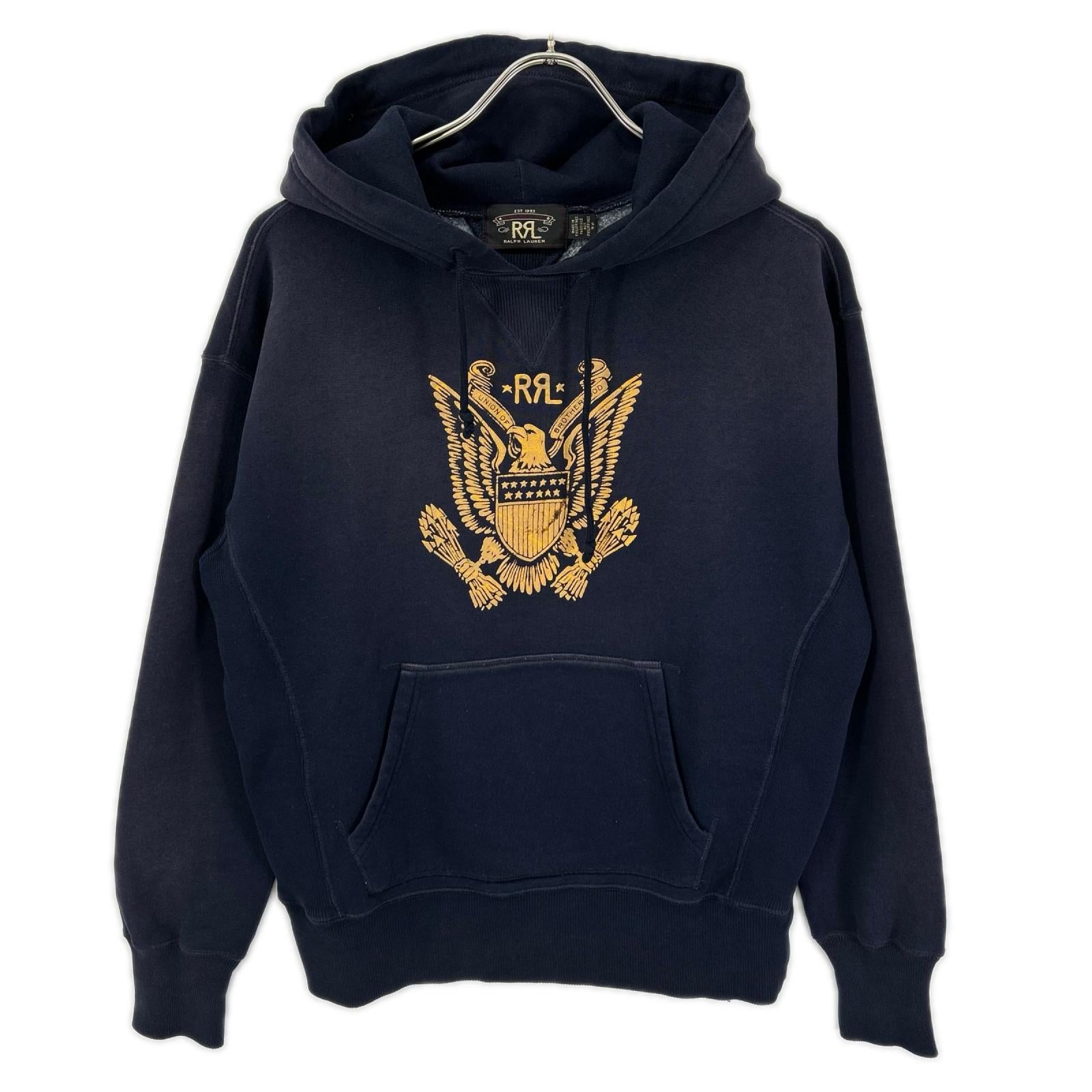 RRL ダブルアールエル 782857099001 ネイビー コットン ユーズド加工 両Vガゼット イーグルクレスト グラフィックフーディ トップス