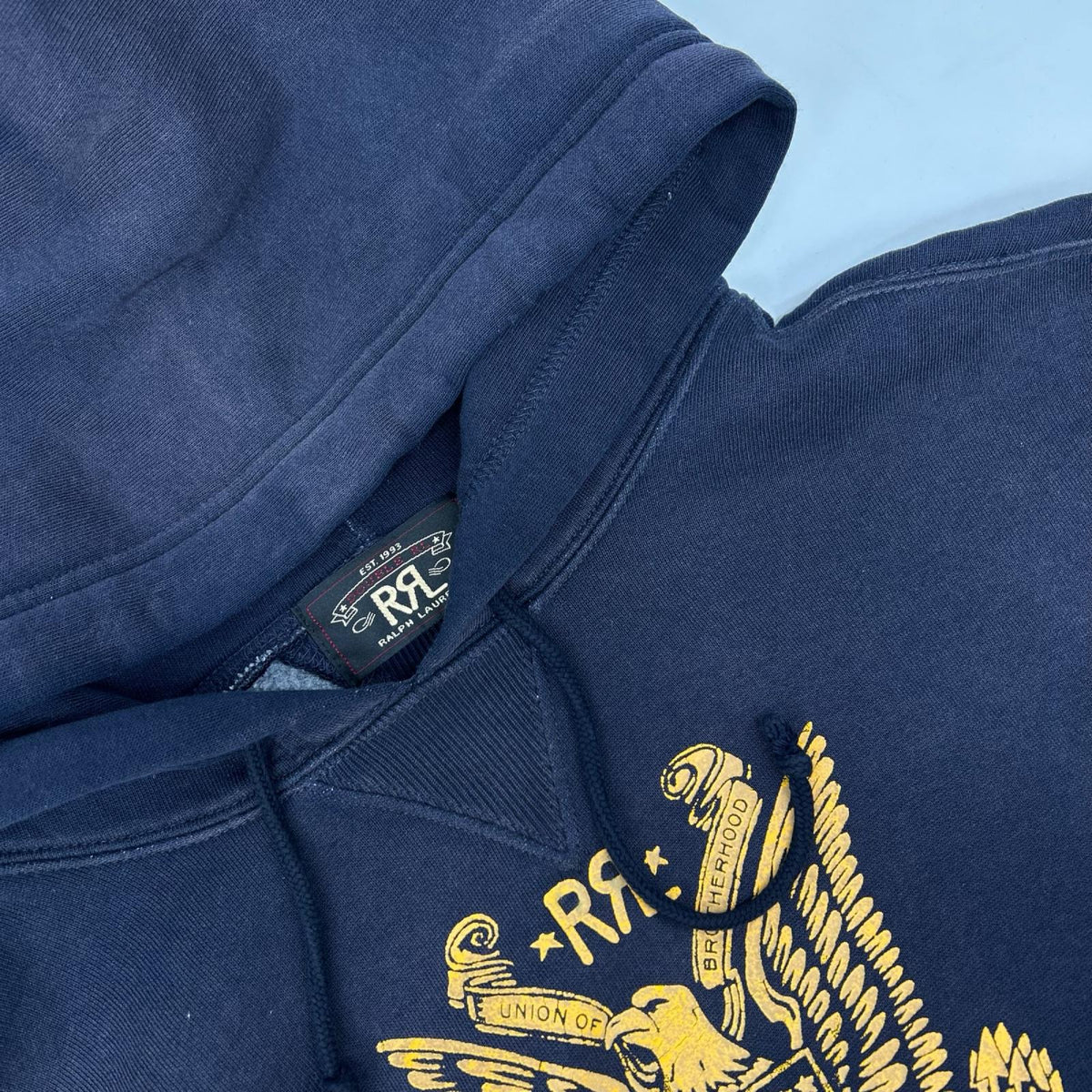 RRL ダブルアールエル 782857099001 ネイビー コットン ユーズド加工 両Vガゼット イーグルクレスト グラフィックフーディ トップス