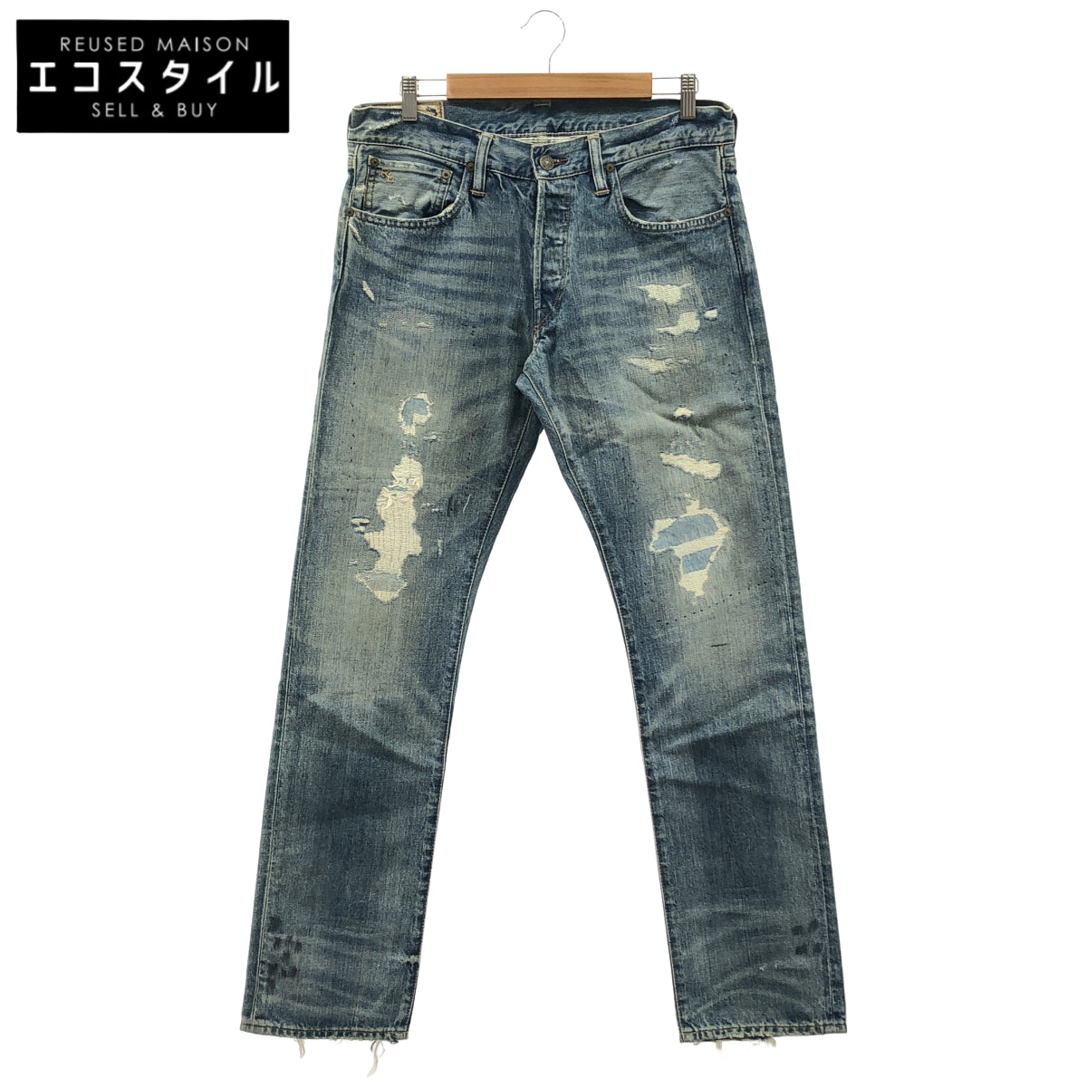 POLObyRalphLauren ポロラルフローレン 4700188340 オーセンティックダンガリー ウォッシュブルー ダメージ加工 ボタンフライ デニムパンツ ボトムス
