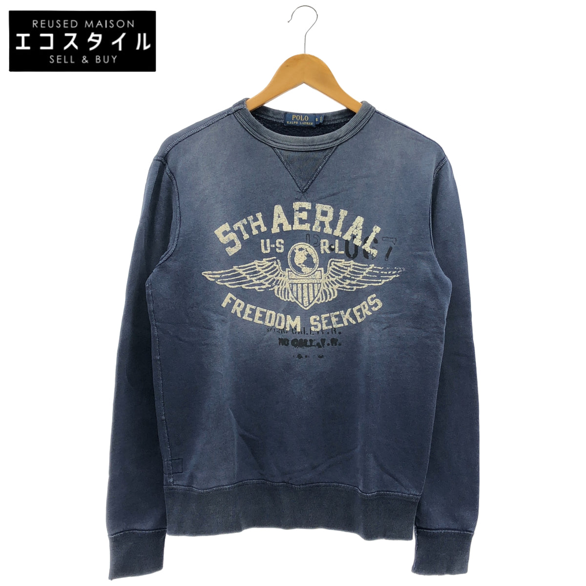 POLObyRalphLauren ポロラルフローレン ネイビー コットン フロッキープリント ヴィンテージ加工スウェットプルオーバー トップス