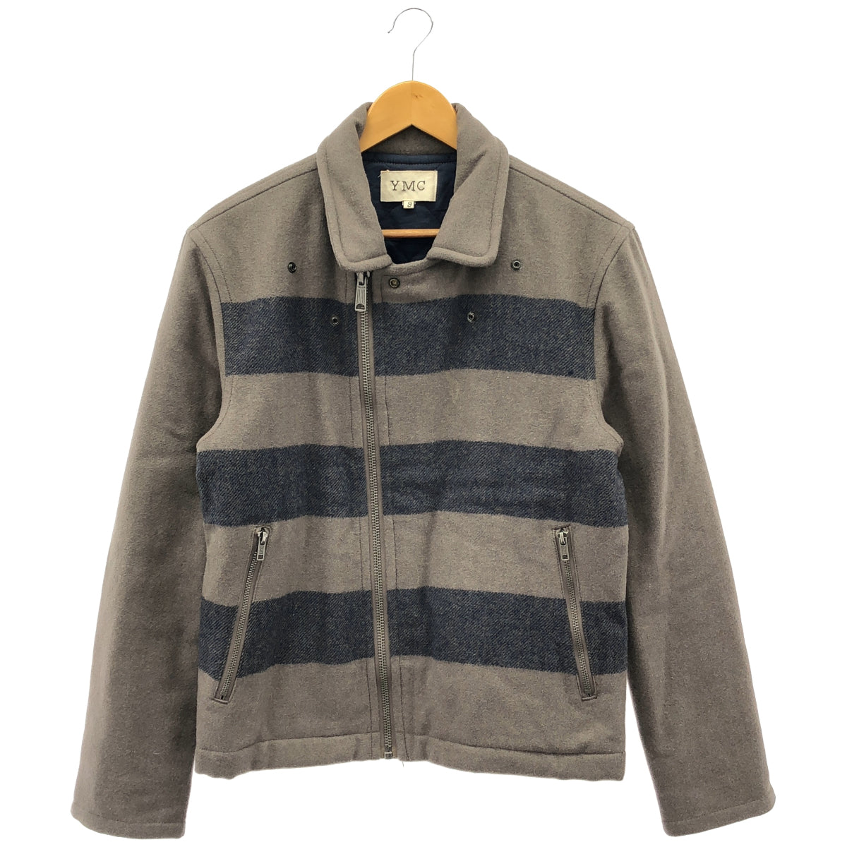 YMC ワイエムシー グレー×ネイビー ウール ボーダーデザイン ジップアップクロップドジャケット トップス