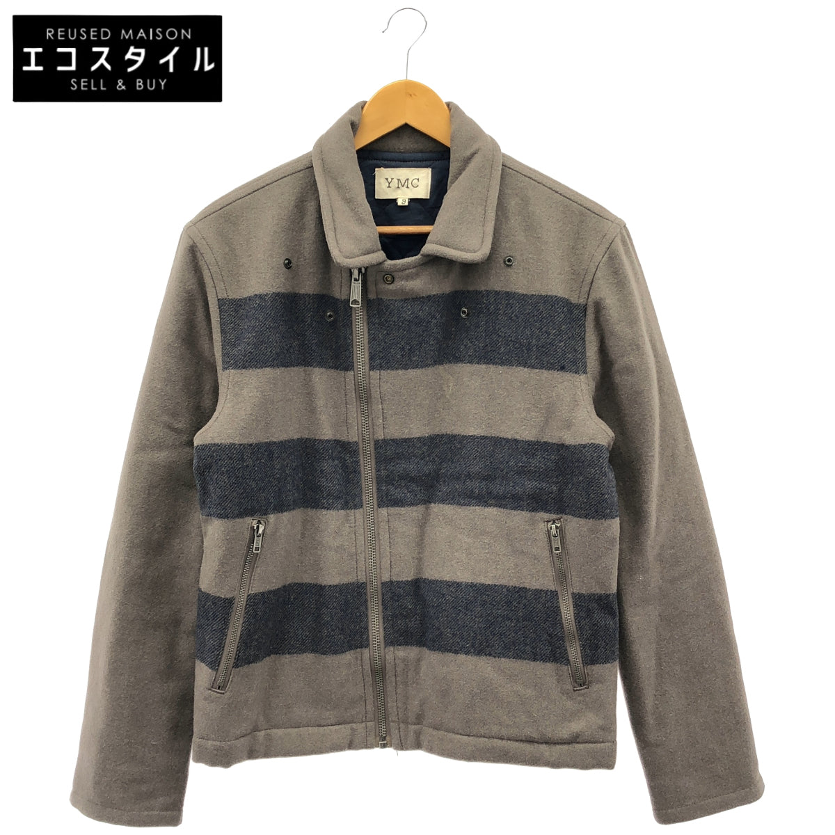 YMC ワイエムシー グレー×ネイビー ウール ボーダーデザイン ジップアップクロップドジャケット トップス