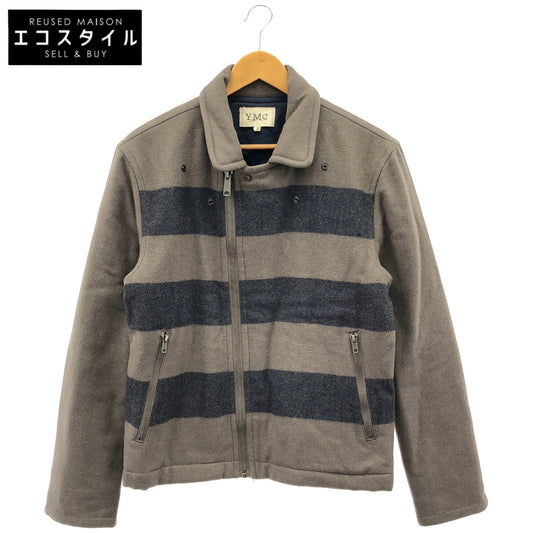 YMC ワイエムシー グレー×ネイビー ウール ボーダーデザイン ジップアップクロップドジャケット トップス