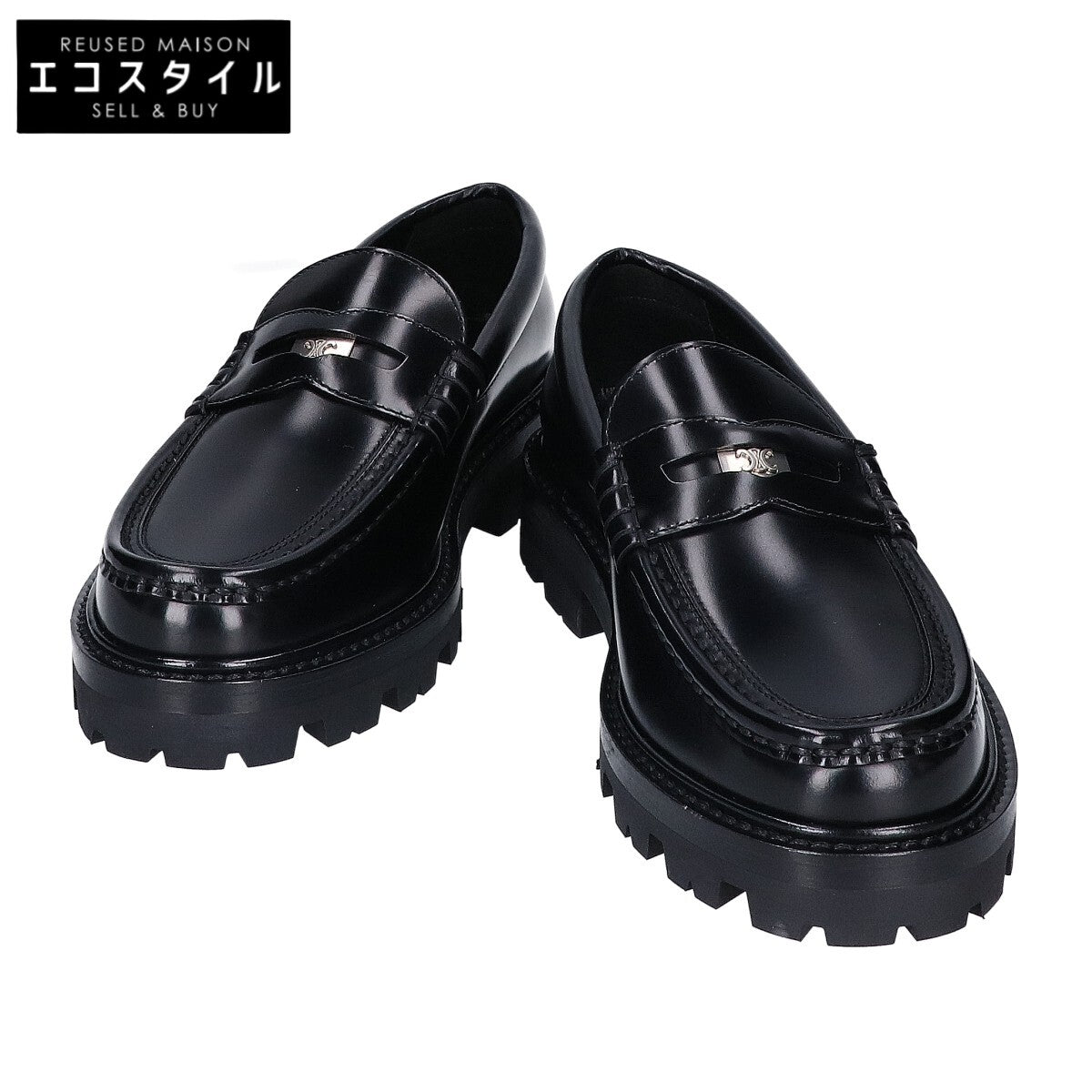 CELINE セリーヌ 350103602C.38NO ブラック×シルバー ポリッシュドカーフ トリオンフ マーガレット チャンキーペニーローファー シューズ