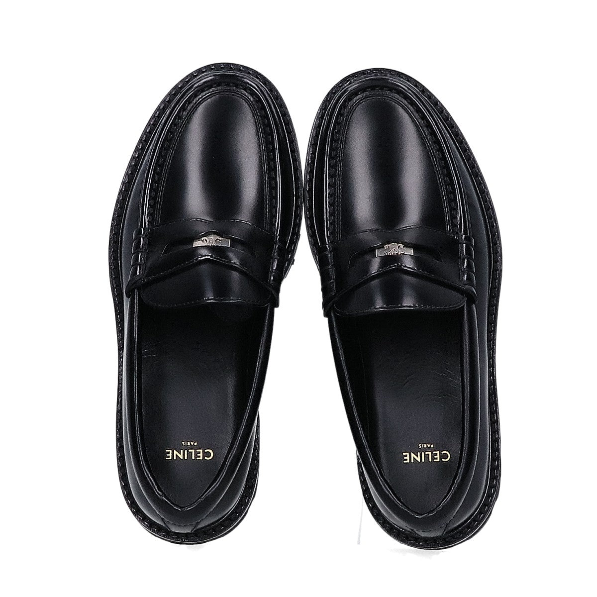CELINE セリーヌ 350103602C.38NO ブラック×シルバー ポリッシュドカーフ トリオンフ マーガレット チャンキーペニーローファー シューズ