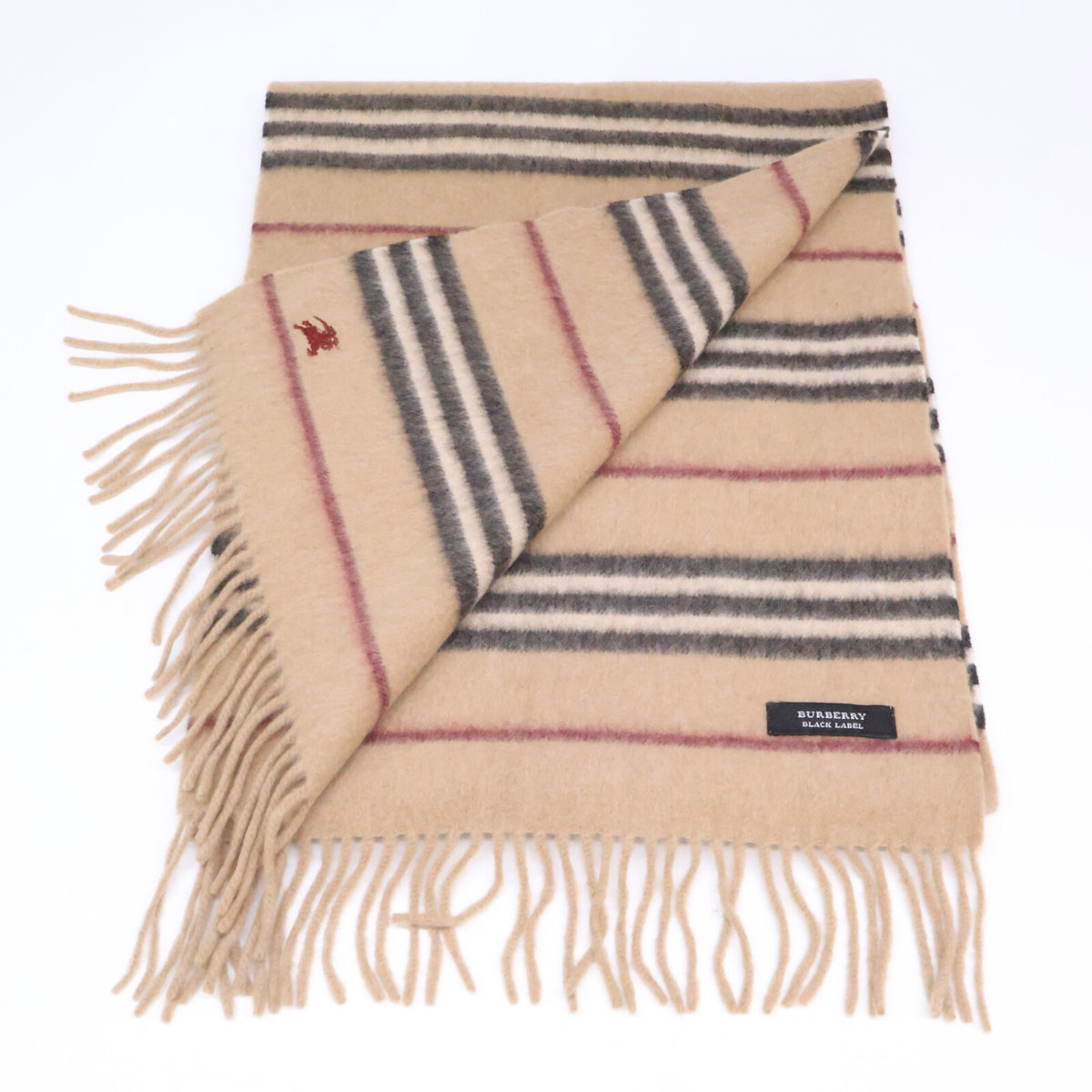 Burberry Black Label バーバリーブラックレーベル 【美品】ロゴ刺繍 ボーダー フリンジ マフラー