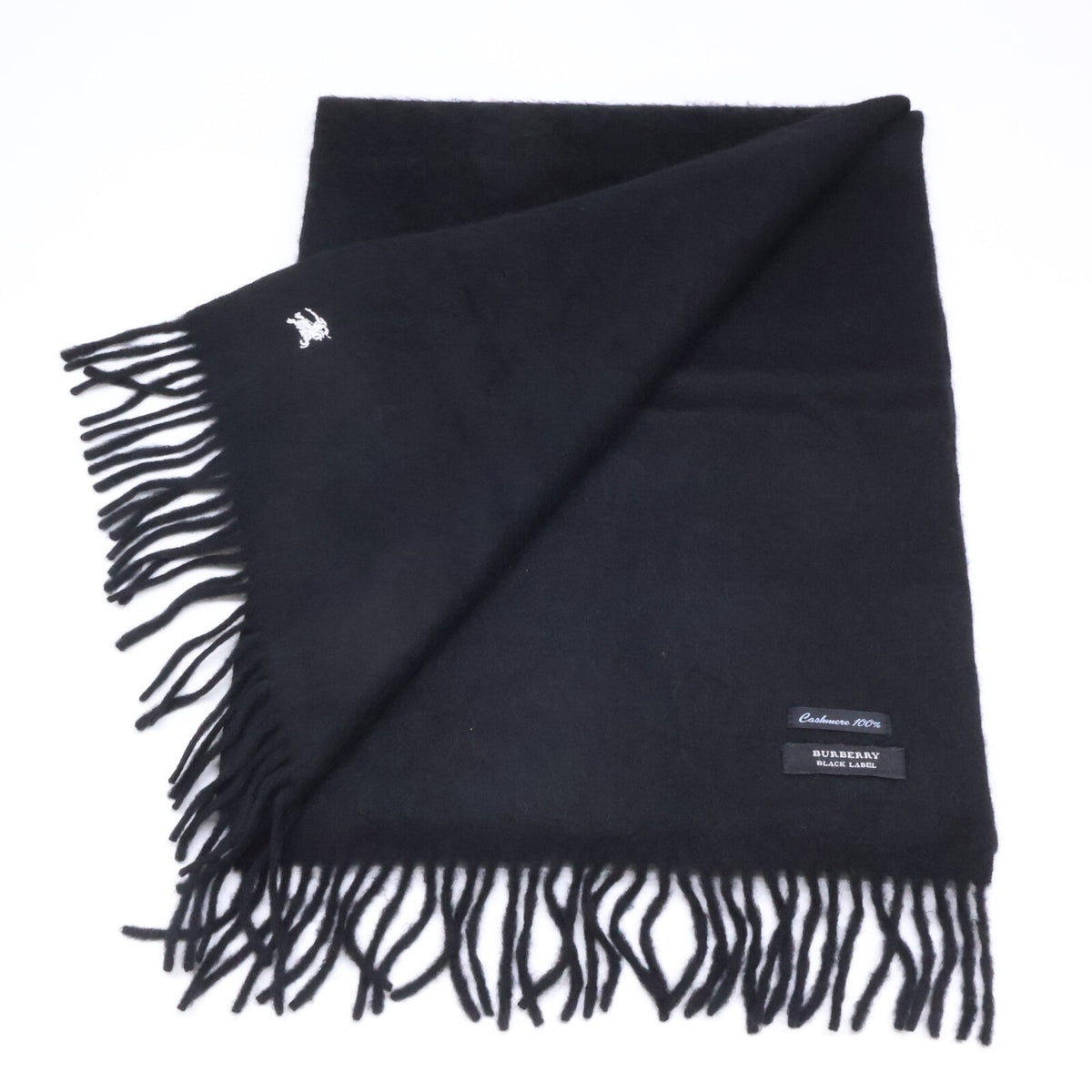 Burberry Black Label バーバリーブラックレーベル 【美品】ロゴ刺繍 カシミヤ フリンジ マフラー