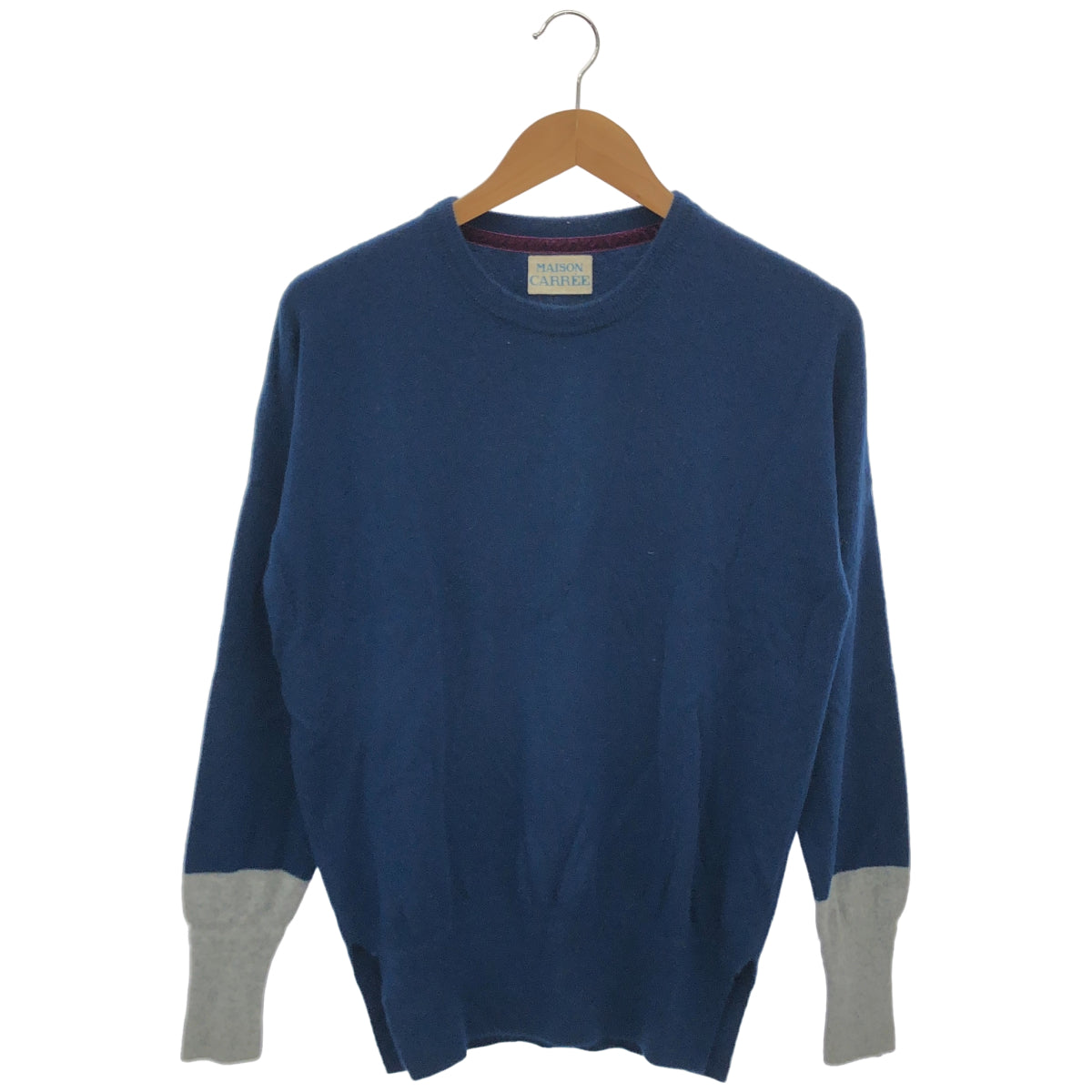 MAISON CARREE メゾンカレ MC-YK-001 ブルー×グレー カシミヤ100 バイカラークルーネックニット トップス