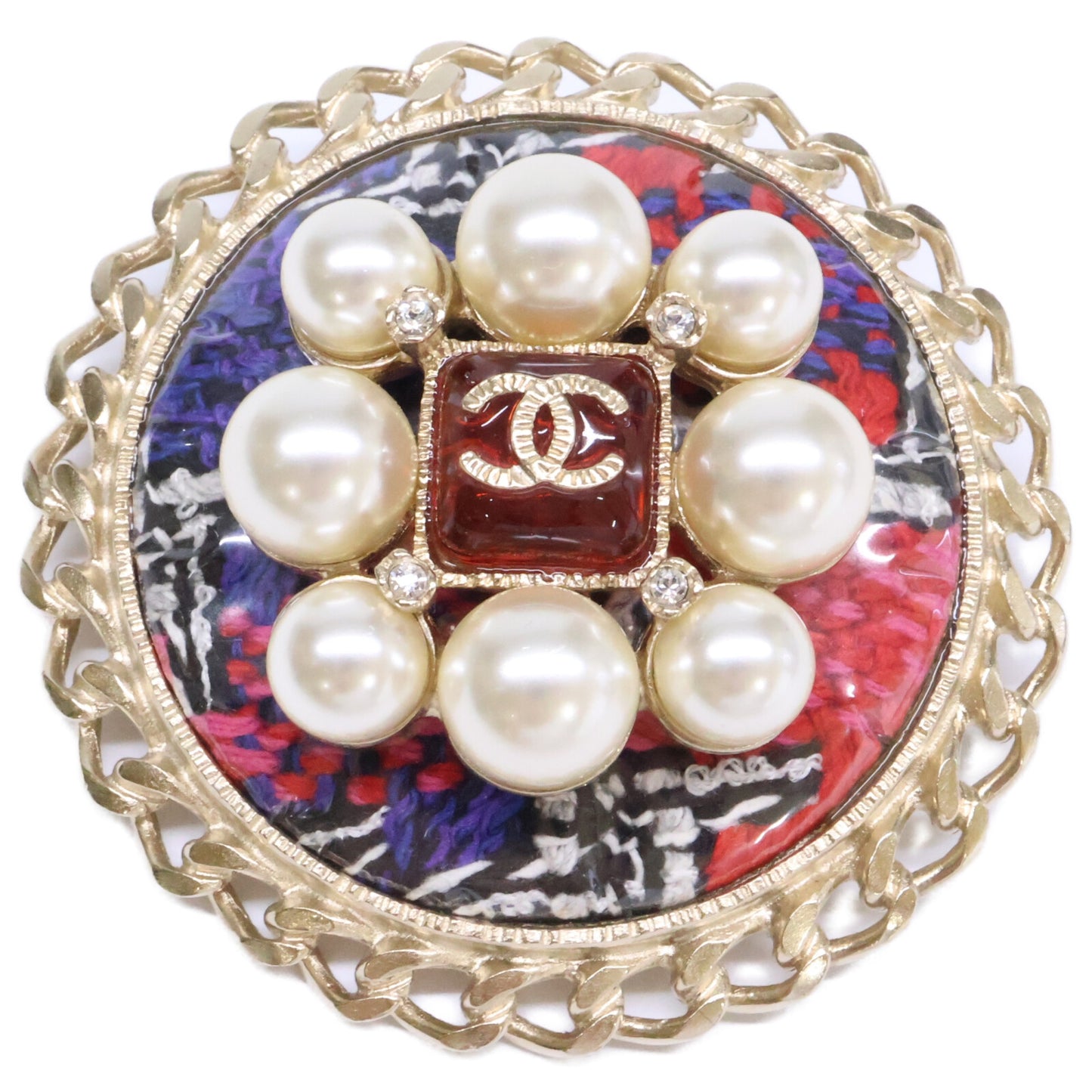 CHANEL シャネル 美品 A15S グリポア/パール/ツイード ココマーク ラウンド ブローチ