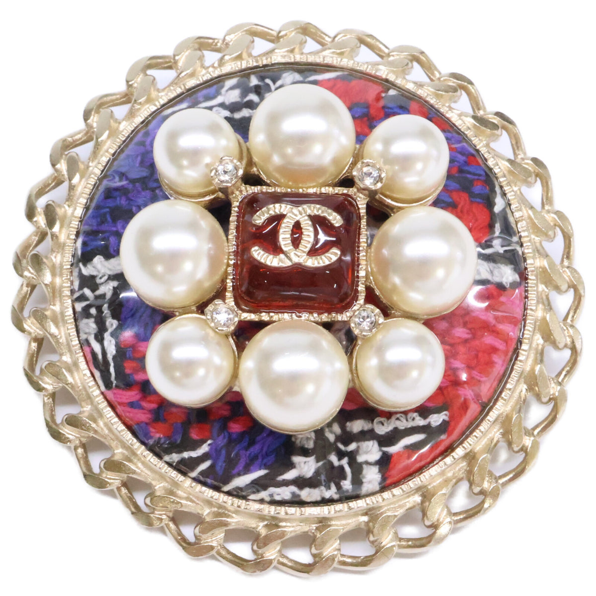 CHANEL シャネル 美品 A15S グリポア/パール/ツイード ココマーク ラウンド ブローチ