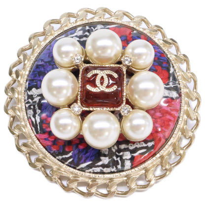 CHANEL シャネル 美品 A15S グリポア/パール/ツイード ココマーク ラウンド ブローチ