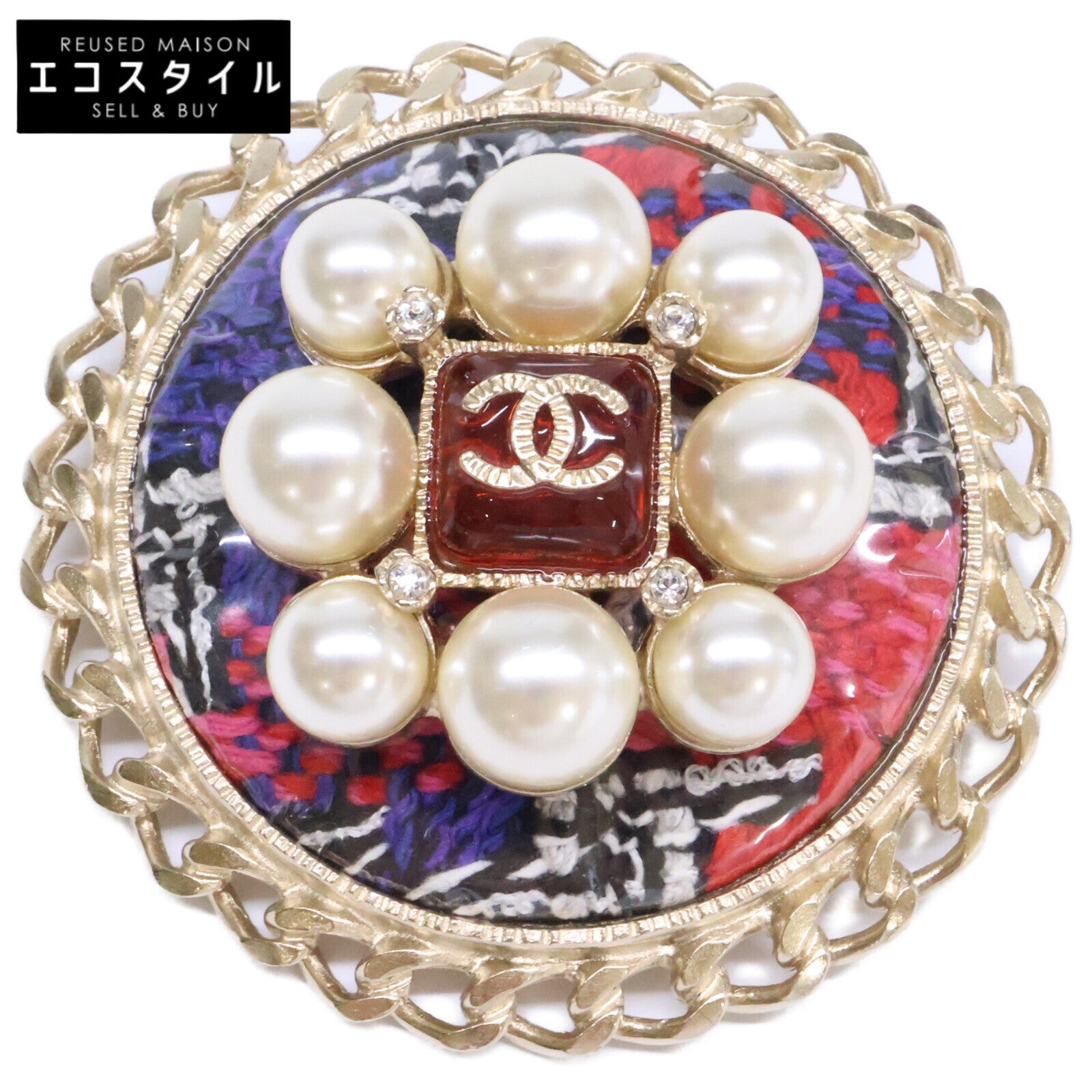 CHANEL シャネル 美品 A15S グリポア/パール/ツイード ココマーク ラウンド ブローチ