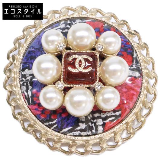 CHANEL シャネル 美品 A15S グリポア/パール/ツイード ココマーク ラウンド ブローチ