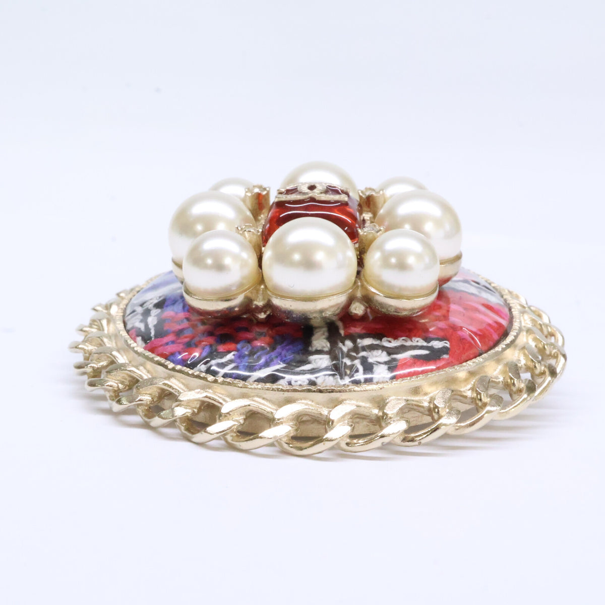 CHANEL シャネル 美品 A15S グリポア/パール/ツイード ココマーク ラウンド ブローチ